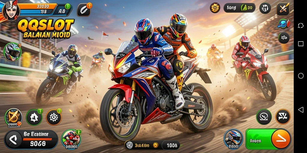 Screenshot gameplay <strong>QQSLOT</strong> menampilkan balapan motor yang mendebarkan.